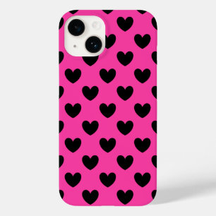 Coque Pour iPhone 14 Coeurs polka noirs sur rose fuchsia