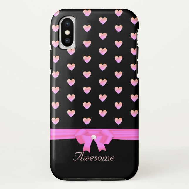 Coques Case-Mate iPhone Coeurs roses, ruban et calligraphie sur noir (Dos)