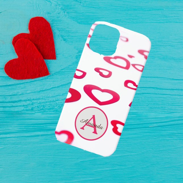 Coques Case-Mate iPhone Coeurs rouges de Valentine moderne avec monogramme (Créateur téléchargé)