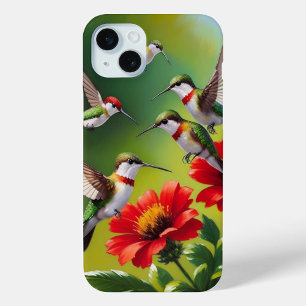 Coque iPhone 15 Mini Colibris à gorge rubis et floraisons écarlates