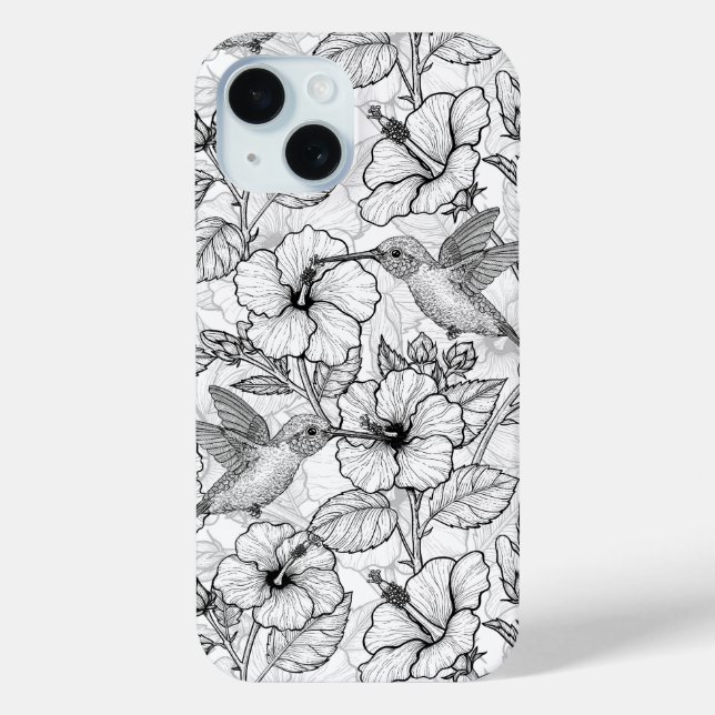 Coques Case-Mate iPhone Colibris et fleurs d'hibiscus b&w (Verso)