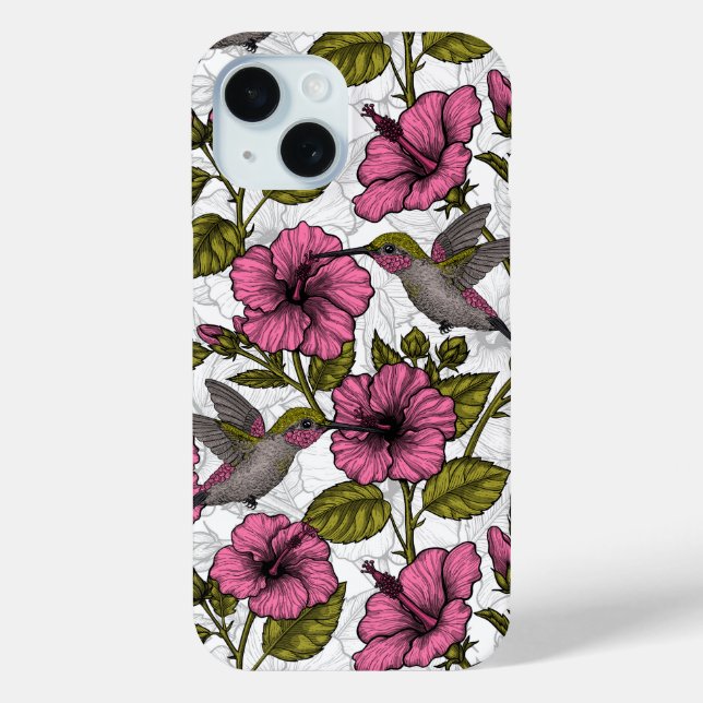 Coques Case-Mate iPhone Colibris et fleurs d'hibiscus roses (Verso)
