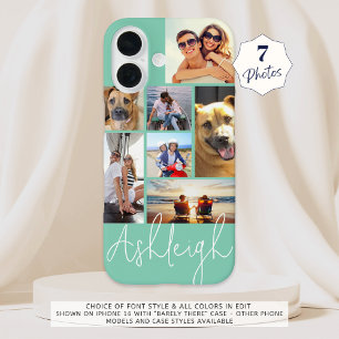 Coque Pour iPhone 16 Collage de 7 photos personnalisé Turquoise personn