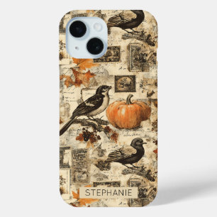 Coque Pour iPhone 15 Collage Ephémère d'automne vintage   Oiseaux rusti