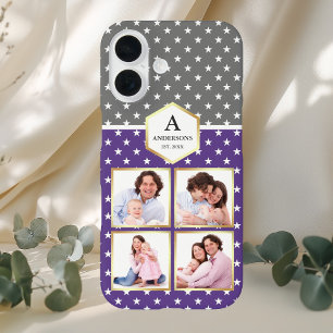 Coque Pour iPhone 16 Collage photo avec motif d'étoiles violettes et bl