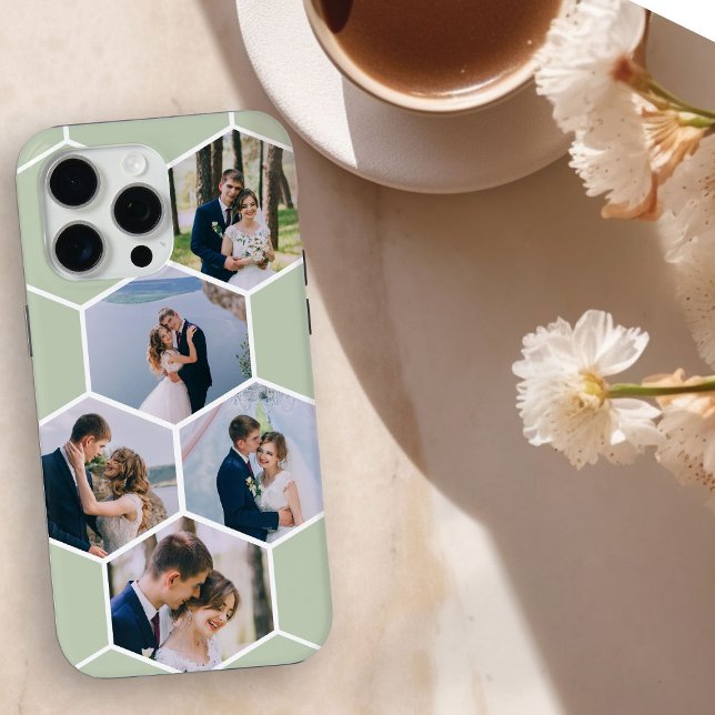 Coques Case-Mate iPhone Collage photo Honeypeb 5 Photo Sage Green (5 photo collage honeycomb phone case in sage green)
