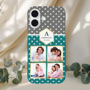 Coque Pour iPhone 16 Collage photo Motif des étoiles turquoises et blan