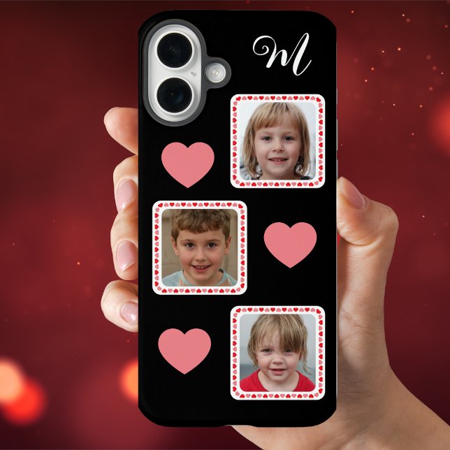 Coques Case-Mate iPhone Collage photo personnalisé avec coeur et monogramm (Custom Photo Collage with Hearts and Monogram Case-Mate iPhone Case)