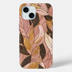Coque Pour iPhone 15 Collection de Feuilles de Boho Rouge Rose Populair
