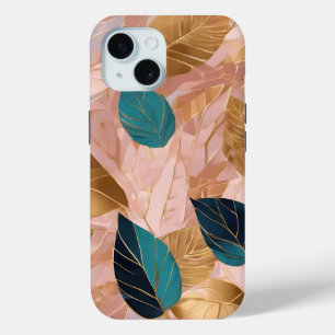 Coque Pour iPhone 15 Collection moderne de Feuilles Boho en or rose vif