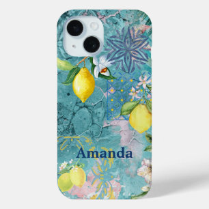 Coque Pour iPhone 15 Collier chic bleu turquoise sicilien agrus floral