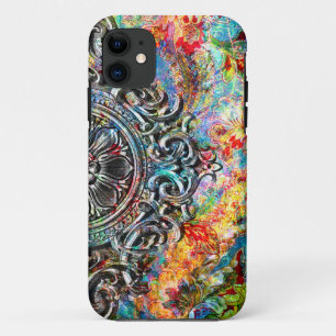 Coque iPhone 11 Coloré Rustique Vintage Floral Collage