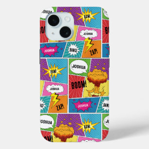 Coque Pour iPhone 15 Comic Livre coloré Nom personnalisé Pop Art