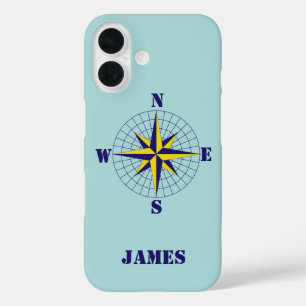 Coque Pour iPhone 16 Compass Rose Marine et or avec nom Nautique