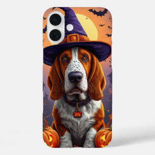 Coques iPhone 16 Plus Conception de chiot sorcière d'Halloween de Basset