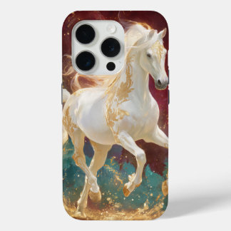 Coque iPhone 15 Pro Conception de fantaisie d'étalon blanc or