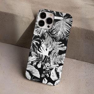 Coques iPhone 16 Pro Conception de feuilles tropicales noires et blanch