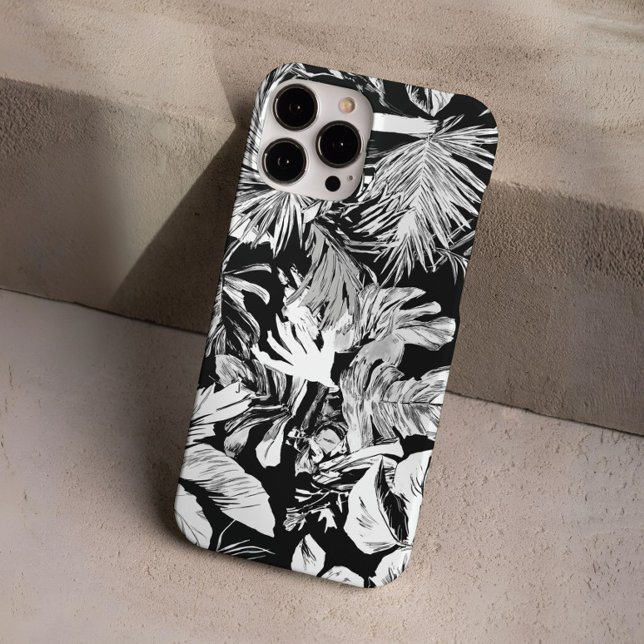 Coques Case-Mate iPhone Conception de feuilles tropicales noires et blanch (Modern Black and White Tropical Jungle Leaf Design Case-Mate iPhone Case)