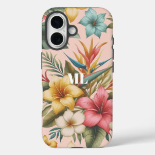 Coque Pour iPhone 16 Conception de monogramme de fleurs tropicales d'îl