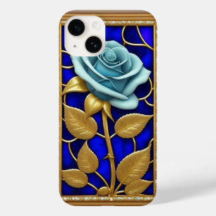 Coque Pour iPhone 14 Conception de Rose Bleue en Verre Coloré