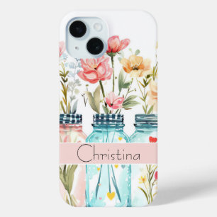 Coque Pour iPhone 15 Conception des fleurs de printemps avec nom