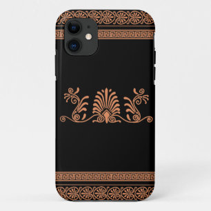 Coque iPhone 11 Conception florale noire et orange de style grec