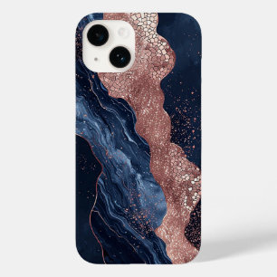 Coque Pour iPhone 14 Conception marbrée or marine Abstraite et Rose