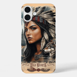Coques iPhone 16 Plus Conception vintage de la femme et du loup amérindi