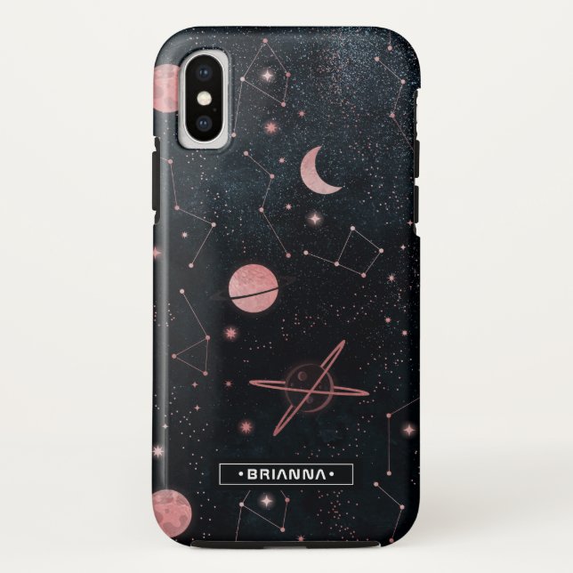 Coques Case-Mate iPhone Constellations roses en or | Monogramme spatial (Dos)