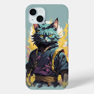 Coque iPhone 15 Mini Cool Feu Splash Gris Ninja Chat Guerrier