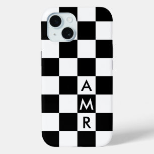 Coque Pour iPhone 15 Cool Monogramme noir blanc À damiers Motif