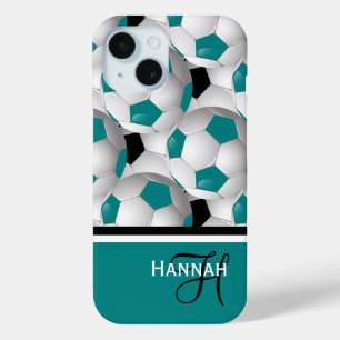 Coque Pour iPhone 15 Cool Monogramme Turquoise Black Soccer Ball Motif