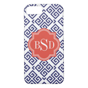 Coque iPhone 7 cool rouge bleu blanc grec clé motif monogramme