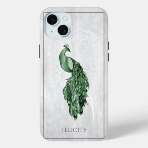 Coque iPhone 15 Mini Coque-coque iphone de Peacock Élégant Vert