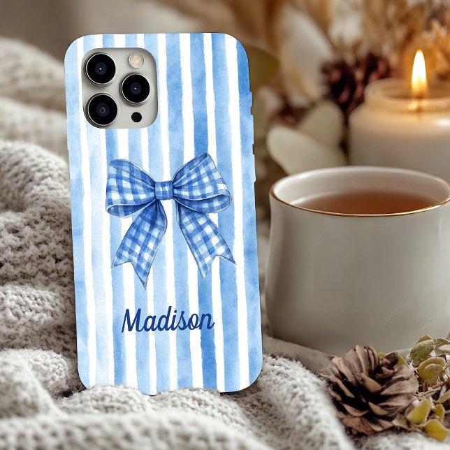 Coques Case-Mate iPhone Coquette bleu rayé arc toile monogramme (Créateur téléchargé)