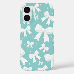 Coque Pour iPhone 16 Coquette Bleue Avec Perles Et Rubans Blancs