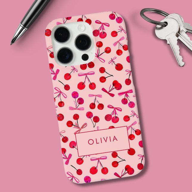 Coques Case-Mate iPhone Coquette Cerise & Nœud (Coquette cherry and bow girly pattern iPhone Case. Personalize with your own name or initials.)
