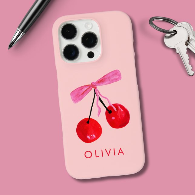 Coques Case-Mate iPhone Coquette Cerise & Nœud (Coquette cherry and bow girly iPhone case. Personalize with your own name or initials.)