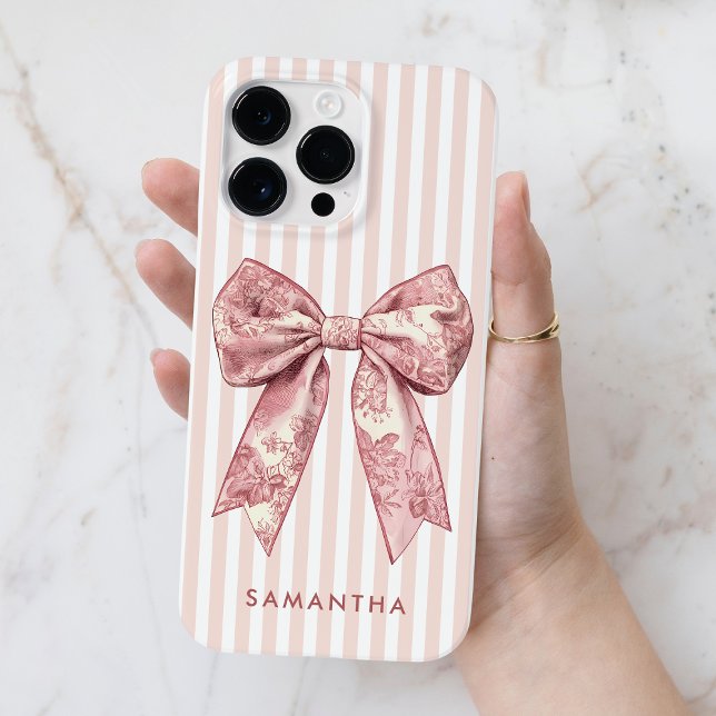 Coques Case-Mate iPhone Coquette moderne Pink Stripes Girls Bow Nom person (Modern Coquette Pink Stripes Girly Bow Custom Name Case-Mate iPhone Case)