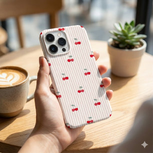 Coques iPhone 16 Pro Max Coquette Rétro Branché Cerises Rayure à pois rouge