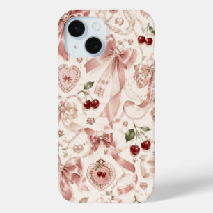 Coque Pour iPhone 15 Coquette Vintage Rose Ruban Et Cerise Esthétique
