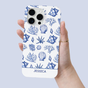 Coque iPhone 15 Pro Max Coquillages bleus modernes personnalisés plage côt