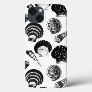 Etui iPhone 13 Coquillages - noir et blanc sur un arrière - plan