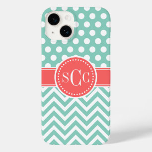 Coques Pour iPhone Corail et Aqua Polka Dot Chevron Monogramme