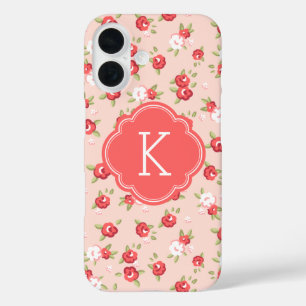 Coques iPhone 16 Corail et Blush Chic Vintage Floral Imprimer Monog