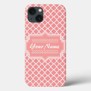 iPhone 13 Case Corail et treillis Quatrefoil blanc Personnalisé
