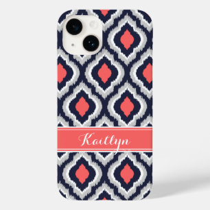 Coques Pour iPhone Corail gris et marine Ikat Monogramme marocain