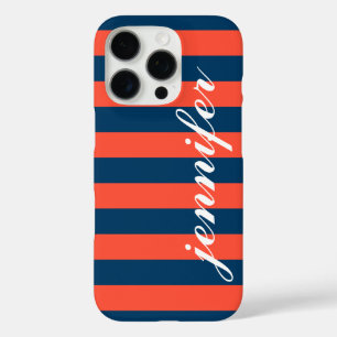 Coques iPhone 16 Pro Corail Red et Navy Strips Custom Script Monogramme