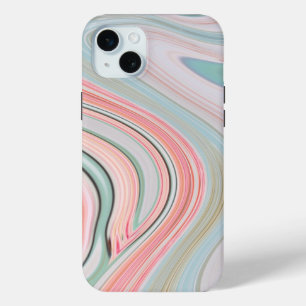 Coque iPhone 15 Mini corail rose rousse menthe marbre vert tourbillons