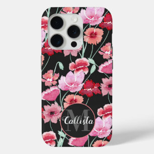 Coque iPhone 15 Pro Corail rouge rose noir Fleurs d'aquarelle Monogram